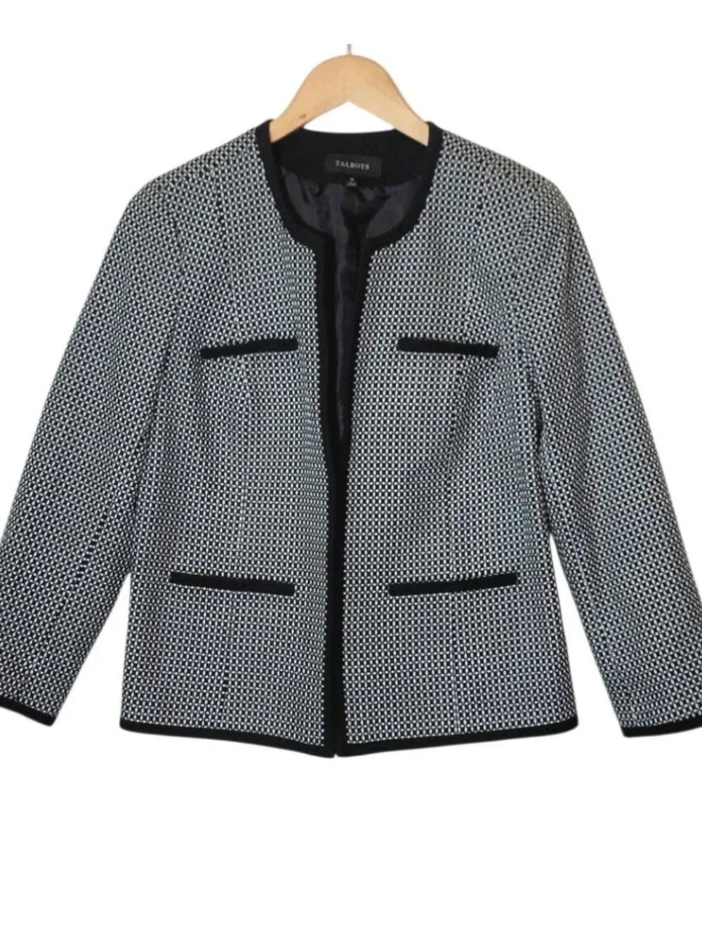 Talbots Black and White Textured Open-Front Blazer